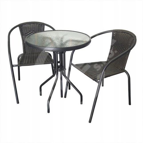 Ratanový záhradný set (stôl, 2 stoličky), béžová/čierna, plast-sklo-kov