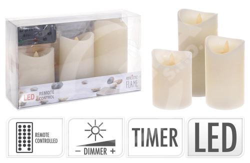 Sviečka LED FLAME, diaľkové ovládanie, stmievanie, časovač, farba slonovej kosti (3ks)