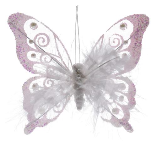Dekorácia s motýľom 15,5 cm plast/perie biely klip (2ks)
