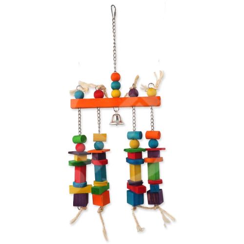 Hračka BIRD JEWEL závesná farebná hrazda s drevom a zvončekom 55 cm